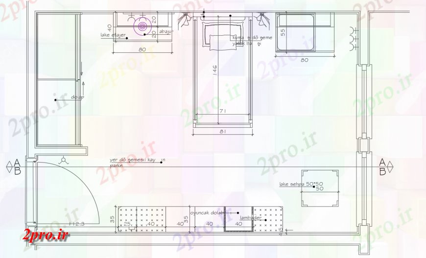 دانلود نقشه حمام مستر طرحی اتاق خواب تخت تنها با مبلمان و داخلی 12 در 24 متر (کد117853)