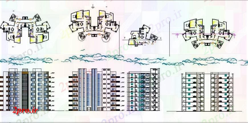 دانلود نقشه مسکونی  ، ویلایی ، آپارتمان  نماات، بخش و طرحی طبقه جزئیات طراحی از آپارتمان   چند خانواده ساخت (کد117889)