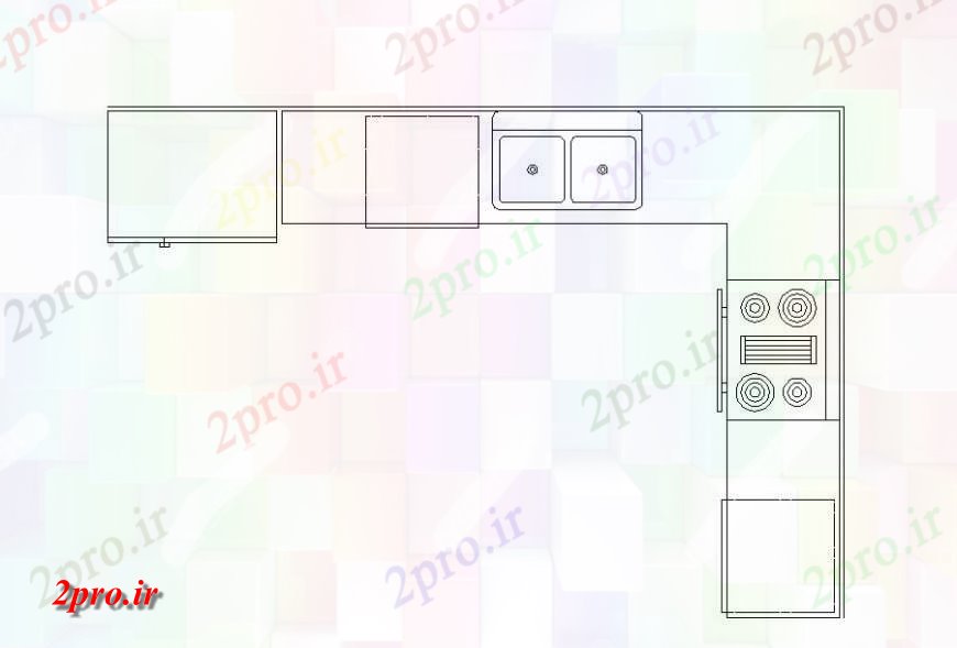دانلود نقشه طراحی مبلمان آشپزخانه  ال - آشپزخانه شکل پلت فرم (کد117927)
