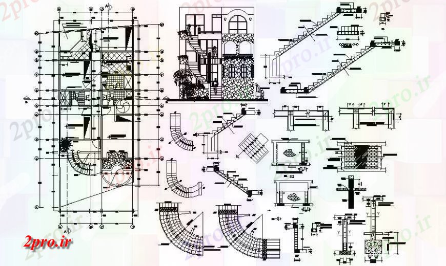 دانلود نقشه مسکونی  ، ویلایی ، آپارتمان  مسکونی نما طرحی خانه و جزئیات راه پله  (کد117936)