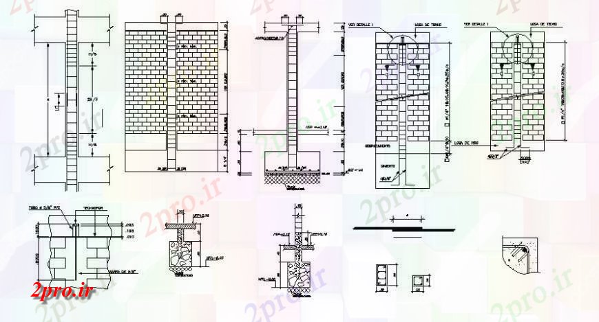 دانلود نقشه جزئیات ساخت و ساز ستون و سنگ تراشی آجر جزئیات دیوار  (کد117945)
