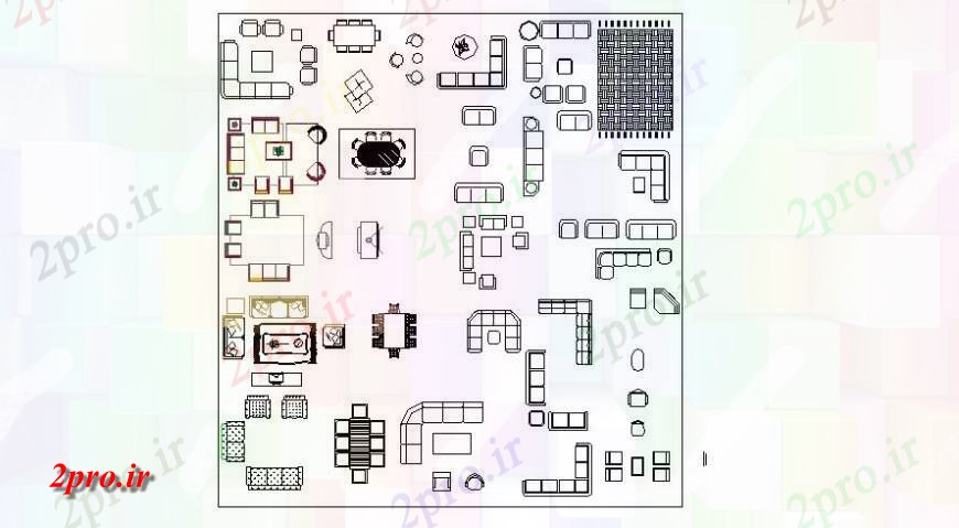 دانلود نقشه طراحی و مبلمان اتاقمجموعه مبل های متعدد و بلوک های مبلمان اتاق نشیمن دو بعدی   (کد117971)