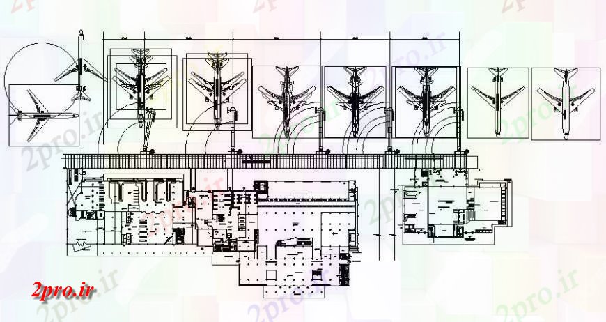 دانلود نقشه فرودگاه طرحی ساختمان ترمینال و آویز 67 در 189 متر (کد117979)