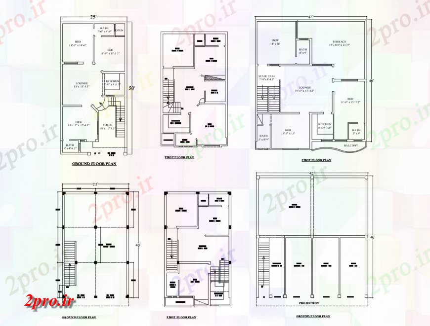 دانلود نقشه مسکونی ، ویلایی ، آپارتمان همکف و طبقه اول جزئیات طراحی خانه های متعدد 12 در 14 متر (کد117993)