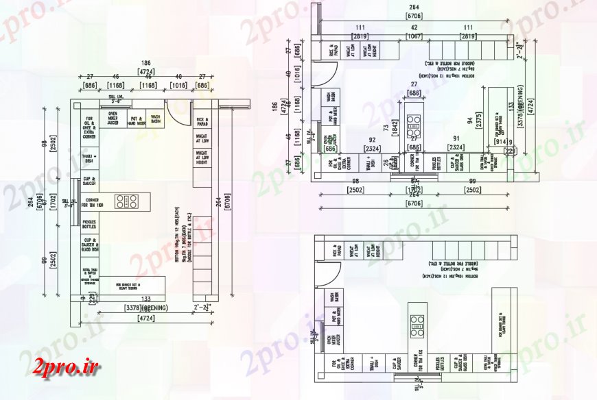 دانلود نقشه آشپزخانه طراحی خانه آشپزخانه های متعدد را با مبلمان  (کد118016)