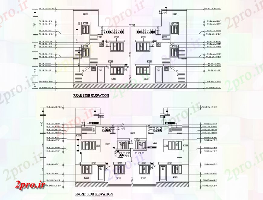 دانلود نقشه مسکونی  ، ویلایی ، آپارتمان  سمت جلو و به طرف عقب طراحی جزئیات از خانه دوقلو (کد118018)