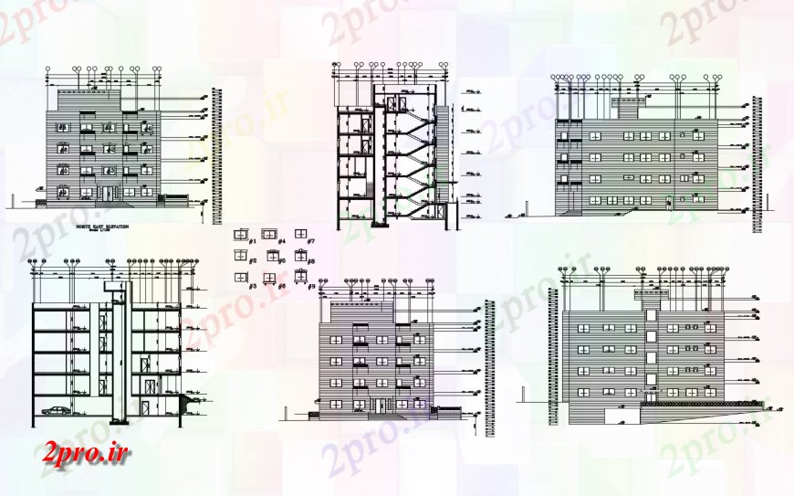 دانلود نقشه مسکونی  ، ویلایی ، آپارتمان  همه طرفه نما و بخش طراحی جزئیات ساختمان مسکونی (کد118041)