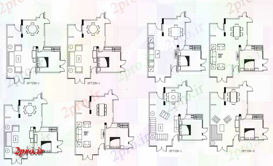 دانلود نقشه مسکونی ، ویلایی ، آپارتمان خانه های مسکونی چند طرحی گزینه های 8 در 9 متر (کد118077)