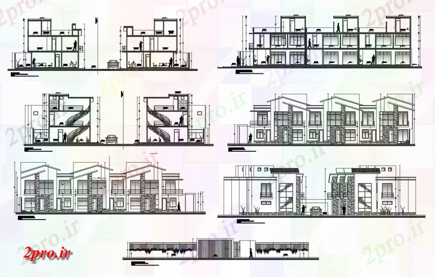 دانلود نقشه مسکونی  ، ویلایی ، آپارتمان  چند خانواده ساختمان مسکونی تمام نما و بخش طراحی طرفه جزئیات  (کد118081)