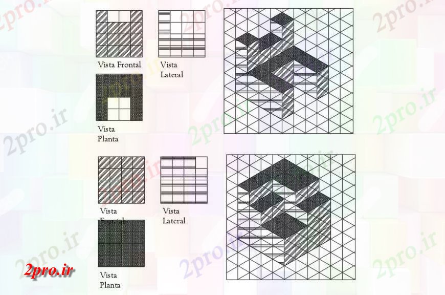 دانلود نقشه بلوک ، آرام ، نماد نماد هندسی نما ایزومتریک و طراحی جزئیات  (کد118130)