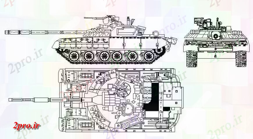 دانلود نقشه بلوک وسایل نقلیه جزئیات تانک های نظامی طراحی در  اتوکد (کد118186)