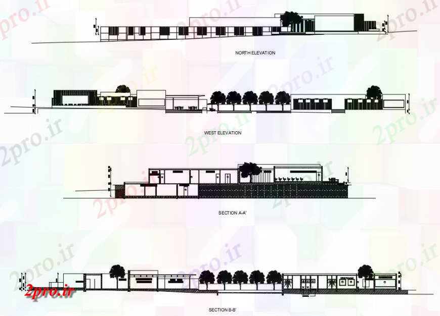 دانلود نقشه مسکونی ، ویلایی ، آپارتمان شمال و غرب نما و بخش طراحی جزئیات از باشگاه خانه 52 در 85 متر (کد118202)