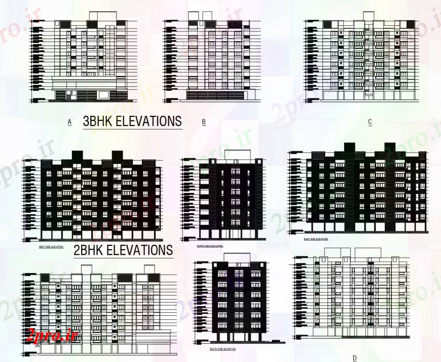 دانلود نقشه مسکونی  ، ویلایی ، آپارتمان  دو BHK و سه BHK تخت مسکونی ساخت و ساز تمام  نما طرفه طراحی جزئیات  (کد118350)