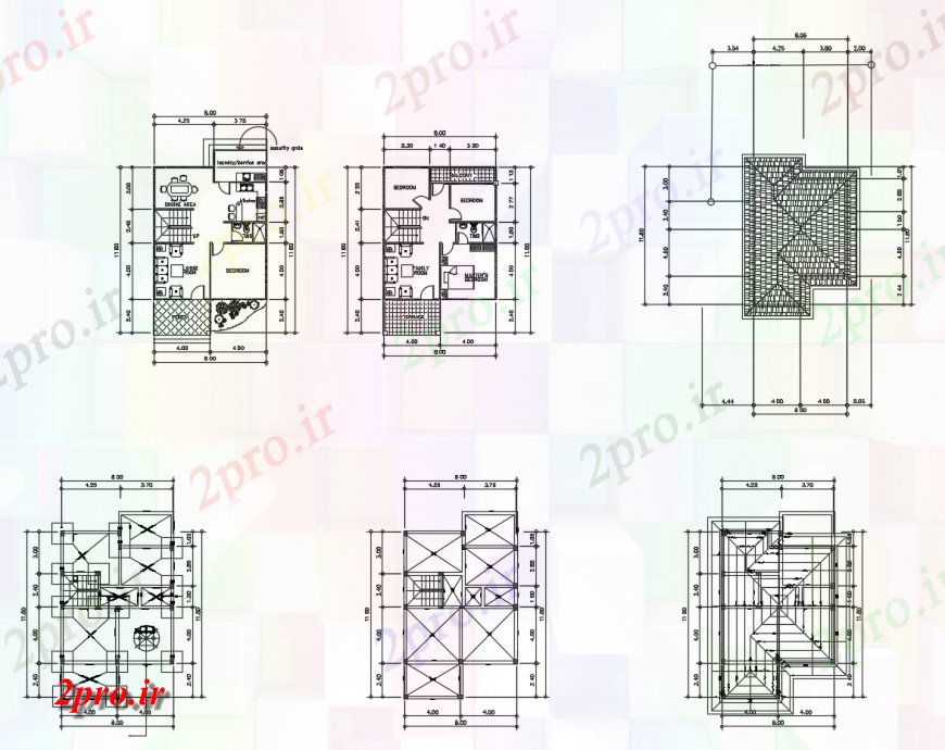 دانلود نقشه مسکونی ، ویلایی ، آپارتمان طرحی طبقه، نقشه پوشش و ساختار جزئیات خانه مسکونی 8 در 9 متر (کد118461)