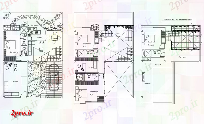 دانلود نقشه مسکونی ، ویلایی ، آپارتمان زمین، اول و طبقه تراس جزئیات طرحی از خانه زیبا 10 در 11 متر (کد118466)