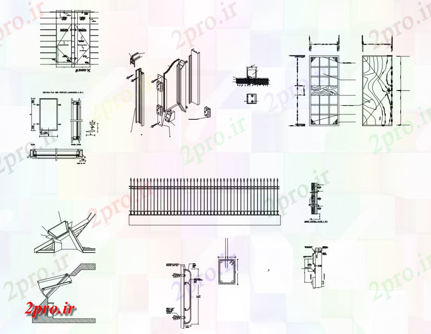 دانلود نقشه جزئیات طراحی در و پنجره درب نما و نصب و راه اندازی و نرده جزئیات طراحی 42 در 49 متر (کد118484)