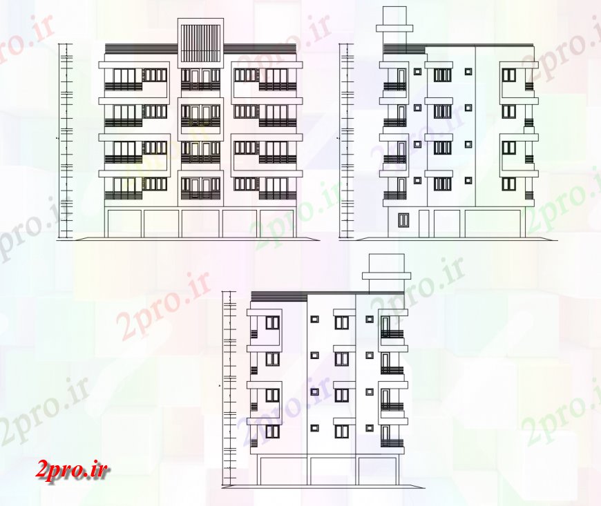 دانلود نقشه مسکونی  ، ویلایی ، آپارتمان  چند طبقه ساختمان آپارتمان   جلو، عقب و به طرف طراحی جزئیات  (کد118498)