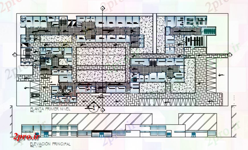 دانلود نقشه بیمارستان - درمانگاه - کلینیک طرحی طبقه اول با نما اصلی بیمارستان در خودکار 45 در 102 متر (کد118587)