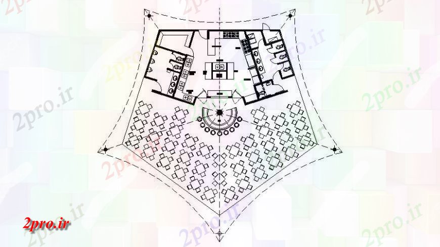 دانلود نقشه هتل - رستوران - اقامتگاه رستوران پنج شکل ساخت طراحی در اتوکد 8 در 16 متر (کد118750)