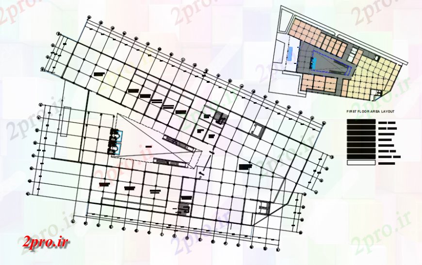 دانلود نقشه هایپر مارکت - مرکز خرید - فروشگاه طرحی طبقه اول از مرکز خرید را با کد رنگ در خودکار 30 در 80 متر (کد118799)
