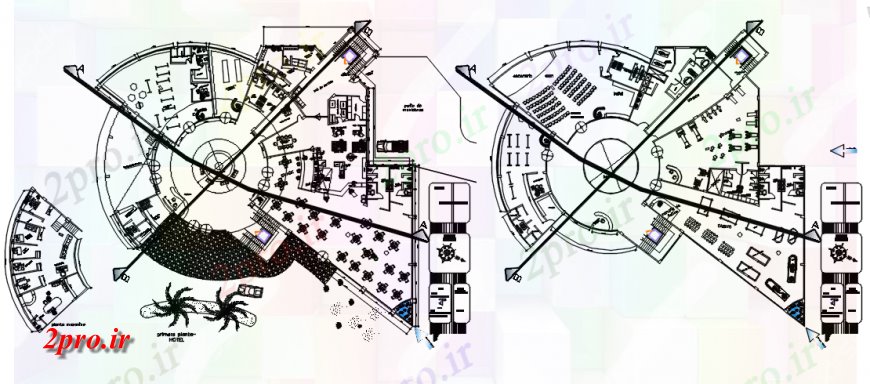 دانلود نقشه هتل - رستوران - اقامتگاه با طرحی طبقه از هتل چهار ستاره 43 در 51 متر (کد118809)