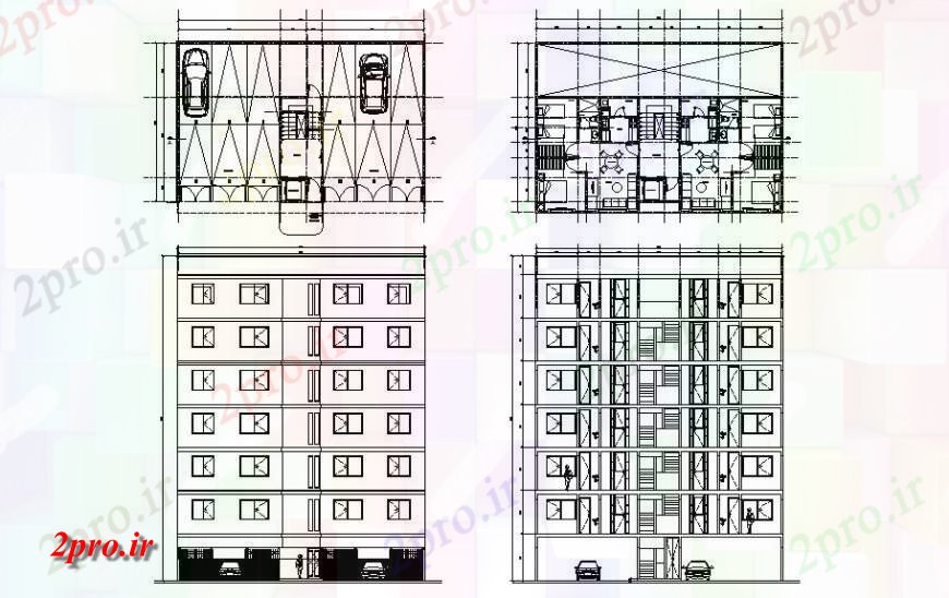 دانلود نقشه مسکونی ، ویلایی ، آپارتمان طرحی نمای و یک بخش از آپارتمان دو بعدی 8 در 16 متر (کد118810)