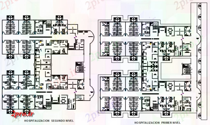 دانلود نقشه بیمارستان - درمانگاه - کلینیک طرحی طبقه بستری با خانه 45 در 46 متر (کد119003)
