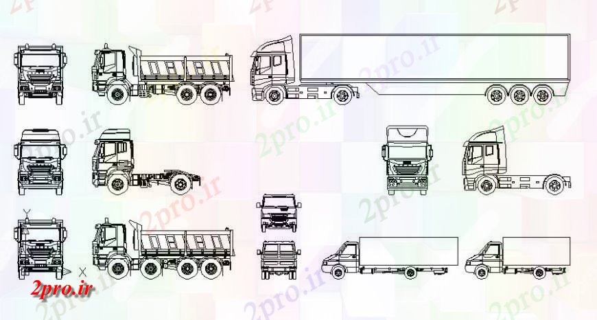 دانلود نقشه بلوک وسایل نقلیه سنگین مختلف لود بلوک خودرو  دو بعدی   (کد119015)