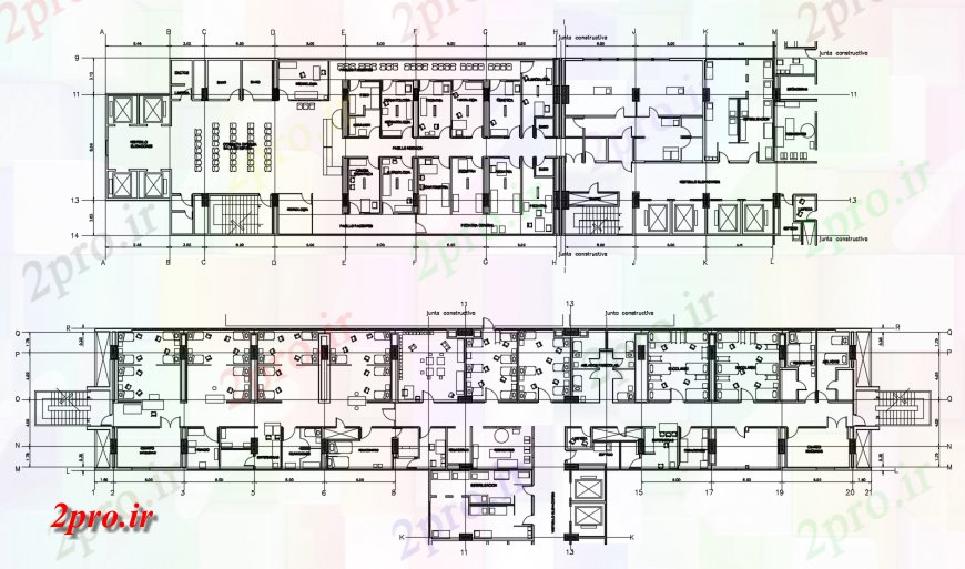 دانلود نقشه بیمارستان - درمانگاه - کلینیک جزئیات دو طبقه طرحی توزیع بیمارستان ساخت 15 در 61 متر (کد119018)