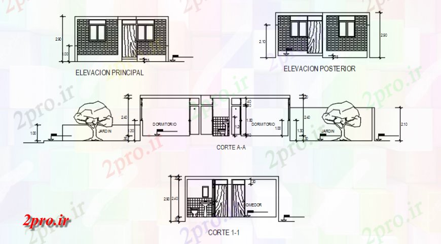 دانلود نقشه مسکونی ، ویلایی ، آپارتمان نمای با مقطعی A-A در خودکار 6 در 10 متر (کد119019)