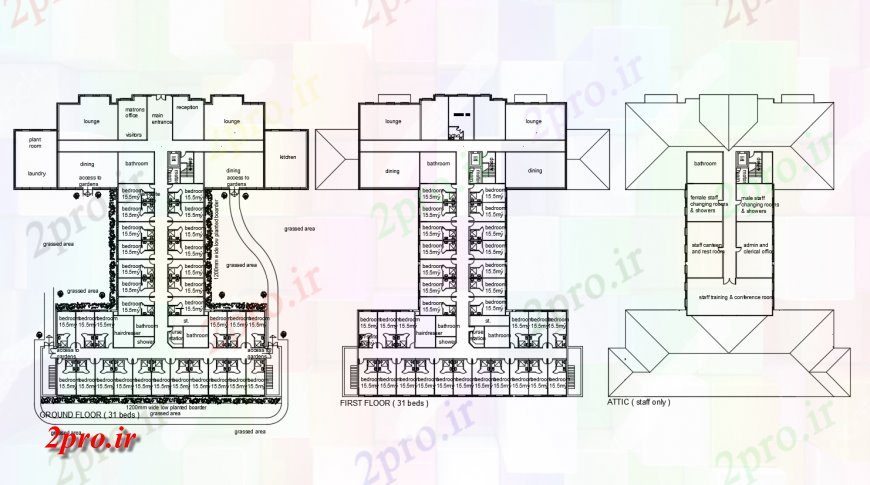دانلود نقشه هتل - رستوران - اقامتگاه هتل با زمین اتاق خواب های متعدد، برای اولین بار و بالای کف طراحی های 42 در 55 متر (کد119022)
