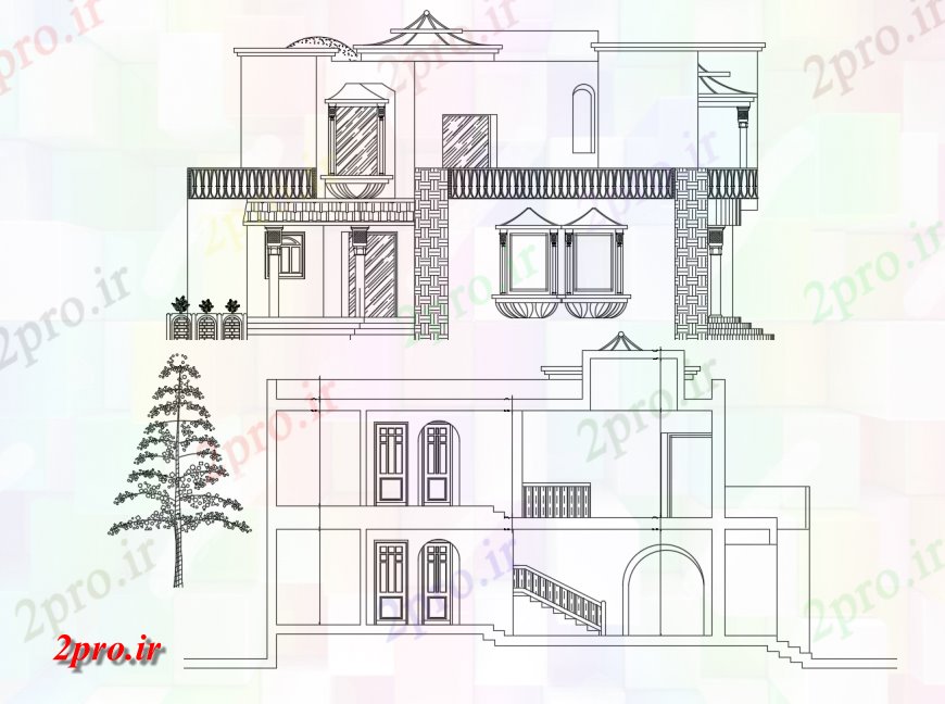 دانلود نقشه مسکونی ، ویلایی ، آپارتمان دو سطح اصلی خانه زیبا نما و بخش طراحی جزئیات 14 در 14 متر (کد119090)