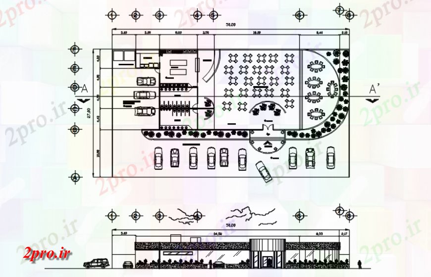 دانلود نقشه هتل - رستوران - اقامتگاه طرحی اصلی و نما رستوران 27 در 50 متر (کد119117)