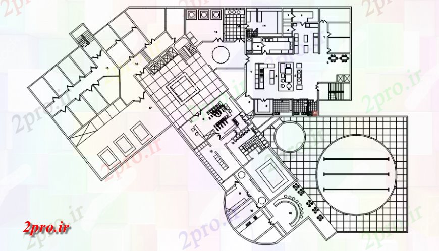 دانلود نقشه هتل - رستوران - اقامتگاه طرحی طبقه رستوران در خودکار 87 در 143 متر (کد119145)