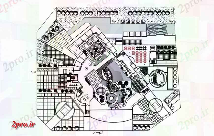 دانلود نقشه هتل - رستوران - اقامتگاه طرحی خودرو با 1/1 محور هتل 100 در 140 متر (کد119154)