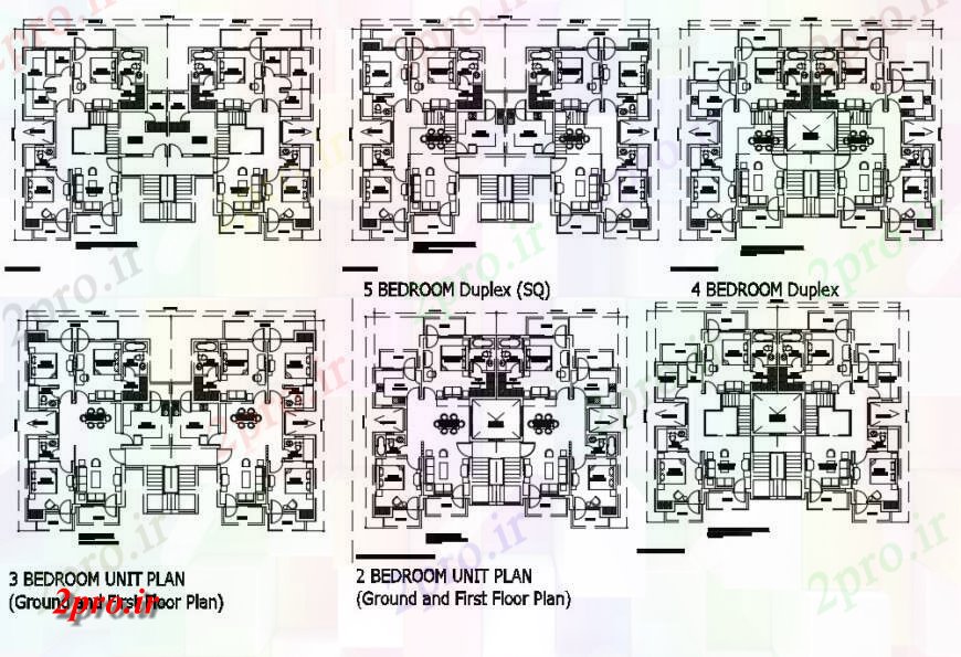 دانلود نقشه مسکونی  ، ویلایی ، آپارتمان  دو، سه و پنج خانه های دوبلکس اتاق خواب طرحی های  (کد119202)