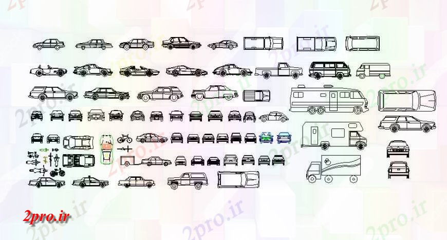 دانلود نقشه بلوک وسایل نقلیه اتومبیل های متعدد، دو چرخ و بلوک های وسیله نقلیه  سنگین طراحی جزئیات  (کد119223)