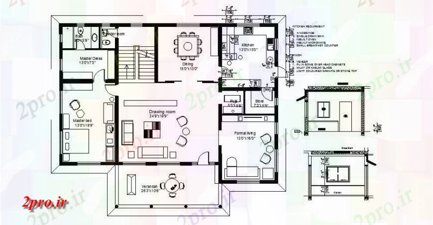 دانلود نقشه مسکونی ، ویلایی ، آپارتمان یک خانواده جزئیات طراحی خانه با بخش آشپزخانه خودکار 11 در 16 متر (کد119259)