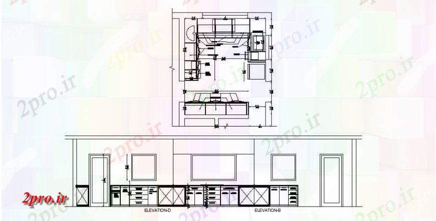 دانلود نقشه آشپزخانه آشپزخانه نما و بخش پلاتفرم طراحی  (کد119264)