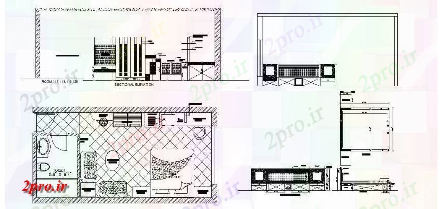 دانلود نقشه حمام مستر نما اتاق خواب خانه، نما مقطعی، برنامه ریزی و طرحی مبلمان طراحی جزئیات 4 در 7 متر (کد119317)