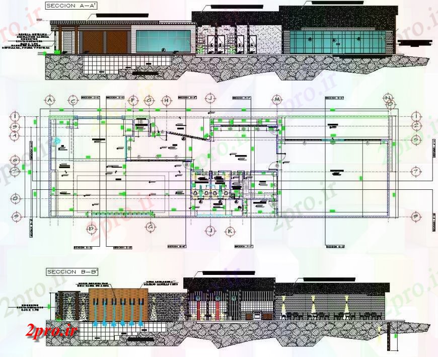 دانلود نقشه هتل - رستوران - اقامتگاه برنامه و جزئیات مقطعی رستوران ساخت 11 در 37 متر (کد119318)