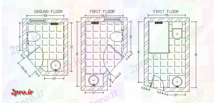 دانلود نقشه حمام مستر طرحی توالت و نصب و راه اندازی جزئیات همکف و طبقه اول از خانه (کد119338)