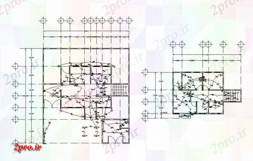 دانلود نقشه برق مسکونی نصب و راه اندازی برق جزئیات طراحی از دو طبقه از خانه 12 در 13 متر (کد119366)