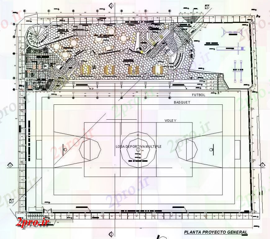 دانلود نقشه ورزشگاه ، سالن ورزش ، باشگاه ورزش های متعدد طرحی ساختمان کار و جزئیات زمین بازی 11 در 37 متر (کد119369)