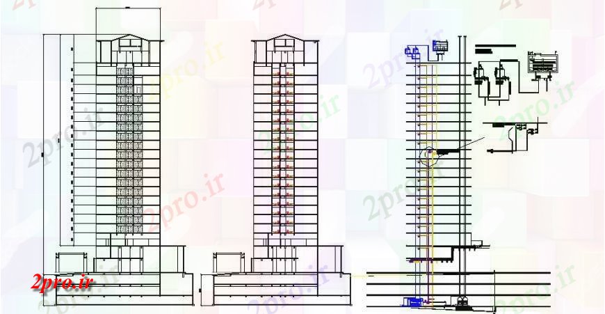 دانلود نقشه هتل - رستوران - اقامتگاه هتل ساختمان چند طبقه نما، بخش و تهویه نصب و راه اندازی طراحی جزئیات 28 در 62 متر (کد119437)