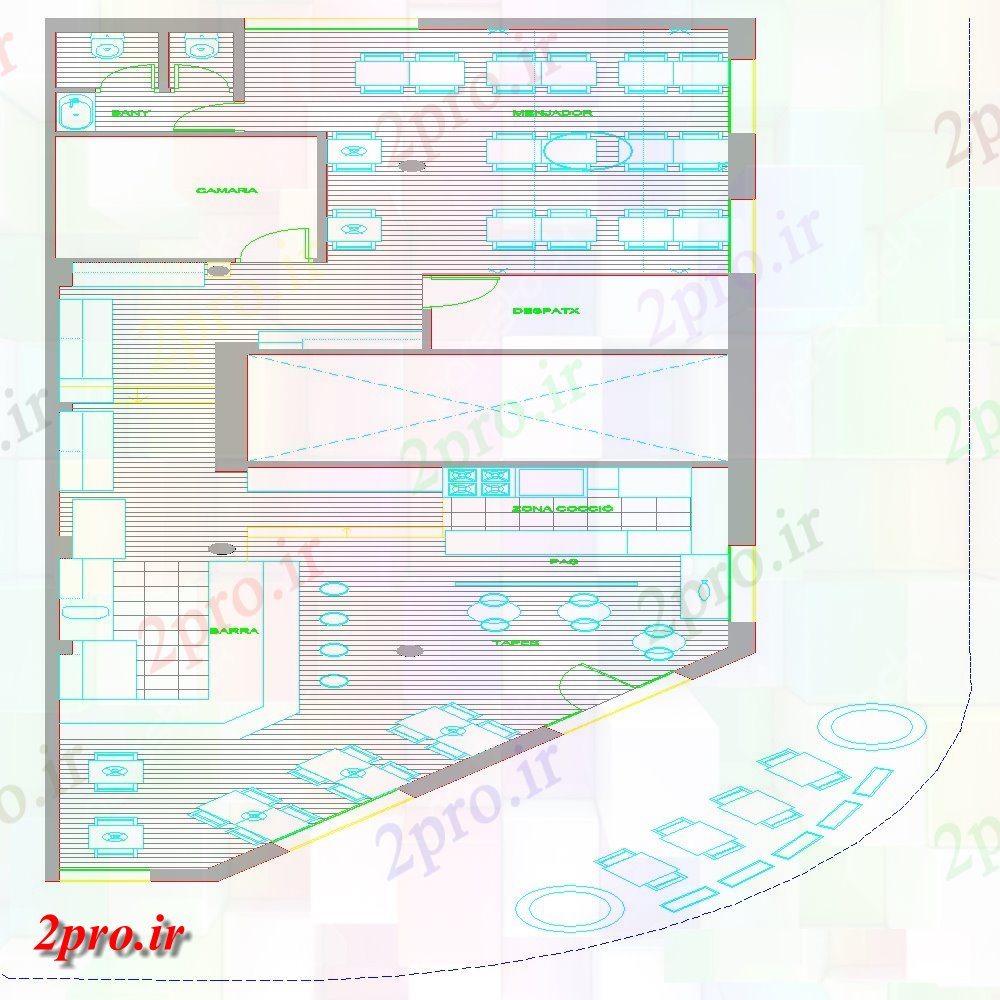 دانلود نقشه هتل - رستوران - اقامتگاه  نما رستوران، بخش برش، طرحی طبقه و خودکار (کد119439)