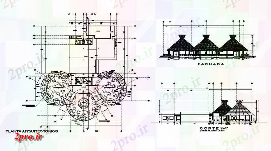 دانلود نقشه هتل - رستوران - اقامتگاه رستوران کلاسیک اصلی نما، بخش و طرحی طبقه توزیع طراحی جزئیات 39 در 47 متر (کد119450)