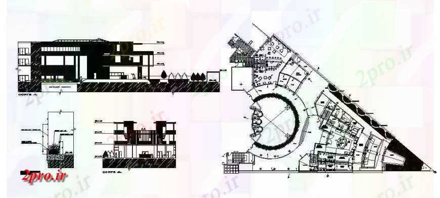 دانلود نقشه هتل - رستوران - اقامتگاه  تجملات منطقه نما هتل، بخش و طرحی طبقه همکف طراحی جزئیات (کد119455)