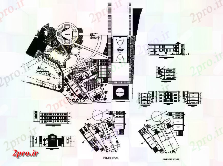 دانلود نقشه دانشگاه ، آموزشکده ، مدرسه ، هنرستان ، خوابگاه - دانشکده معماری نما چند طبقه ساختمان، بخش، طرحی طبقه و خودکار 44 در 54 متر (کد119478)