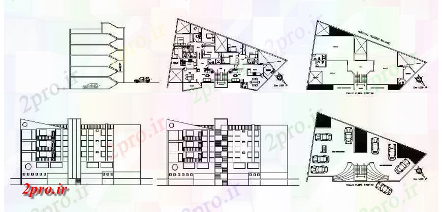 دانلود نقشه مسکونی  ، ویلایی ، آپارتمان  آپارتمان مسکونی ساخت چند سطح نما، بخش و کف طرحی های (کد119479)